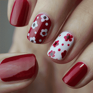 hand showing red and white nails press on nail set with flowers